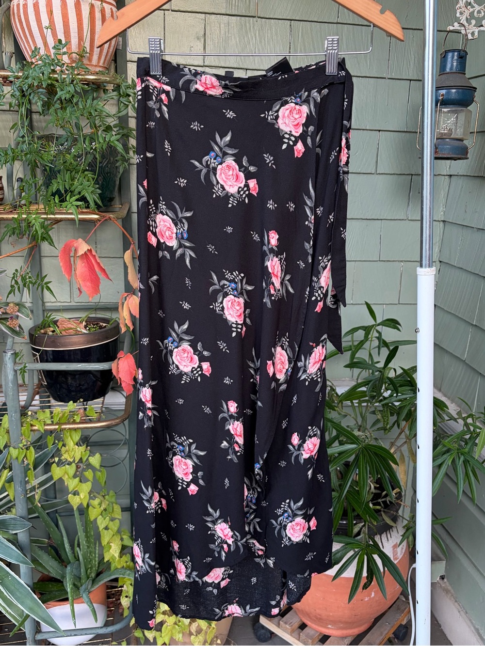 Black and pink rose wrap skirt
